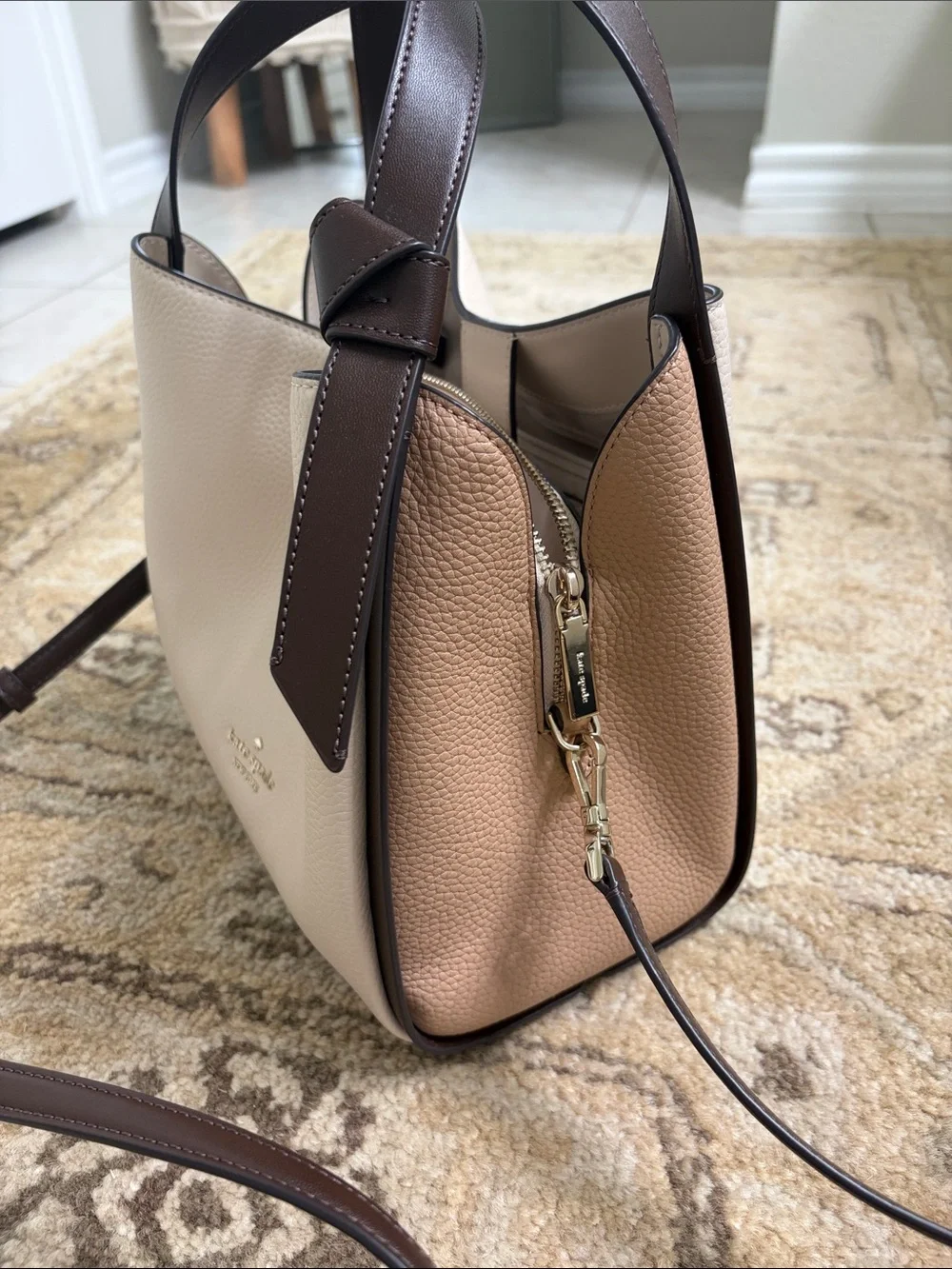 Kate Spade Cream and Brown Pebbled Leather Shoulder Bag